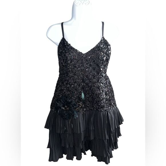 BEBÉ Black Sequined Ruffle Mini Dress Size L - Picture 1 of 11